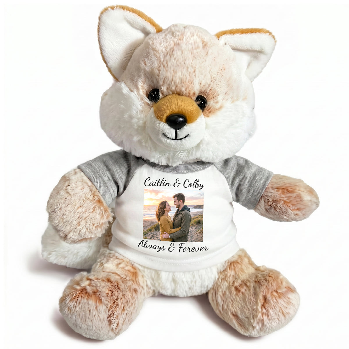 Personalized Stuffed Fox - 11 Inch Fancy Fox with Photo & Text - Grey Shirt