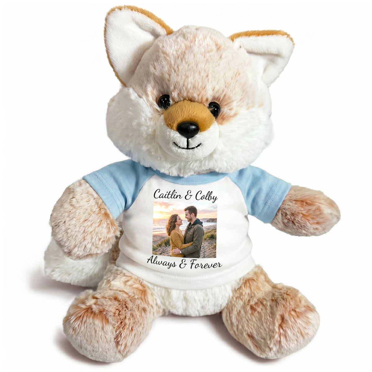 Personalized Stuffed Fox - 11 Inch Fancy Fox with Photo & Text - Light Blue Shirt