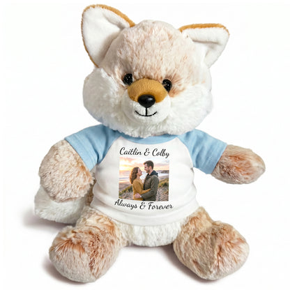 Personalized Stuffed Fox - 11 Inch Fancy Fox with Photo & Text - Light Blue Shirt