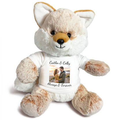 Personalized Stuffed Fox - 11 Inch Fancy Fox with Photo & Text - White Shirt
