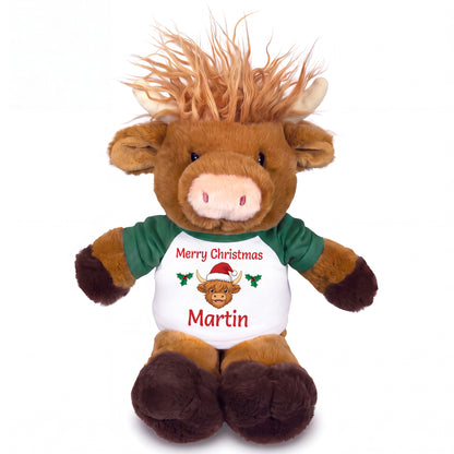 Personalized Christmas Scottish Highland Cow - 12 inch Plush Mucklecoo - Green Shirt with Mucklecoo Design