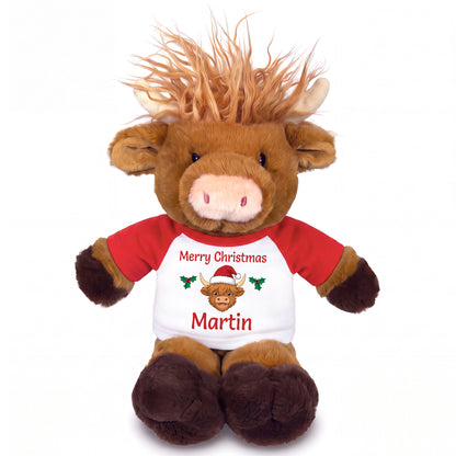 Personalized Christmas Scottish Highland Cow - 12 inch Plush Mucklecoo - Red shirt with Mucklecoo Design