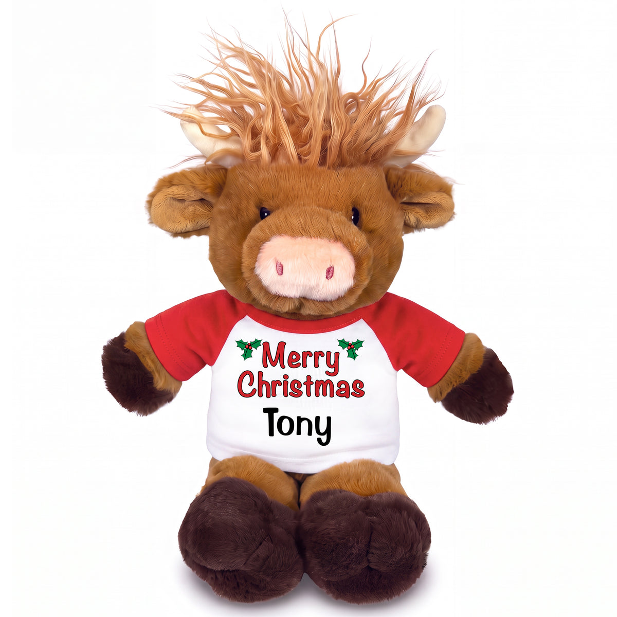 Personalized Christmas Scottish Highland Cow - 12 inch Plush Mucklecoo - Red Shirt with Xmas Words Design