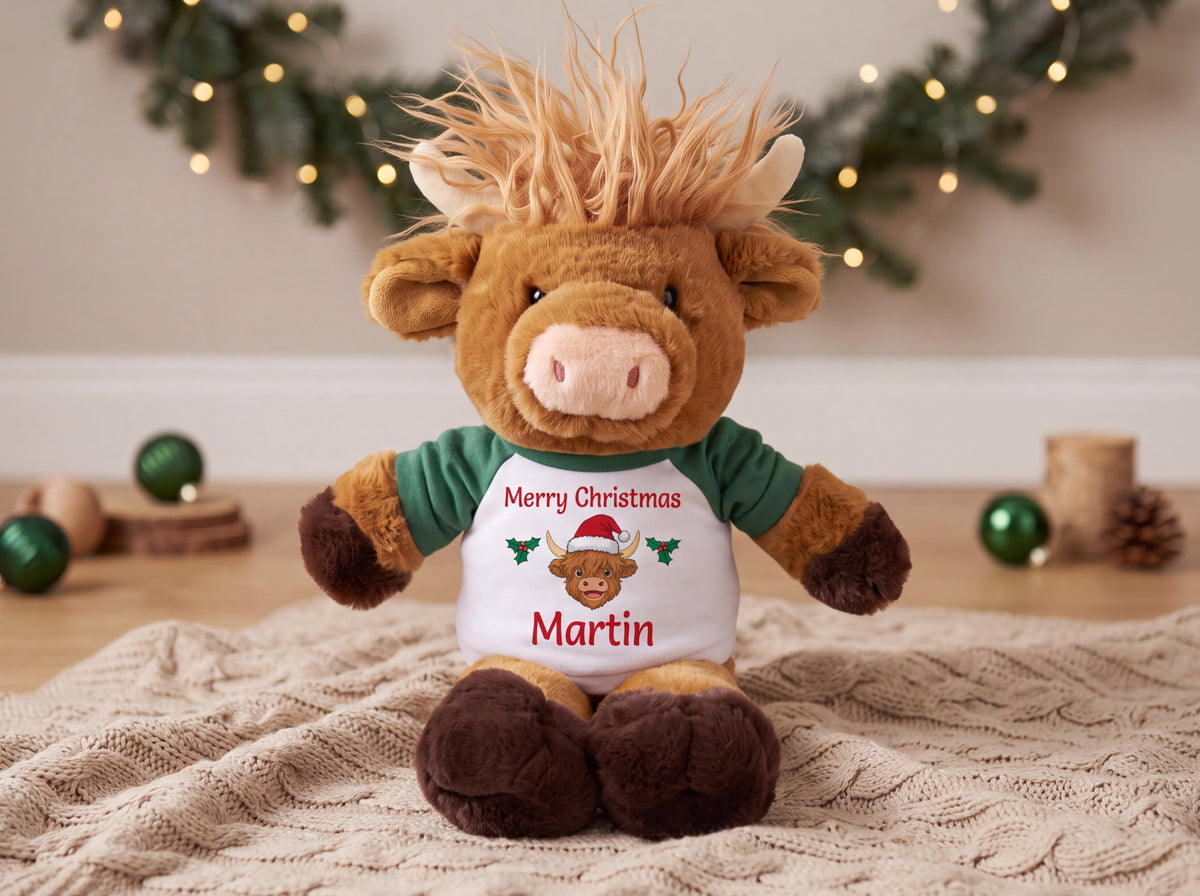 Personalized Christmas Scottish Highland Cow - 12 inch Plush Mucklecoo