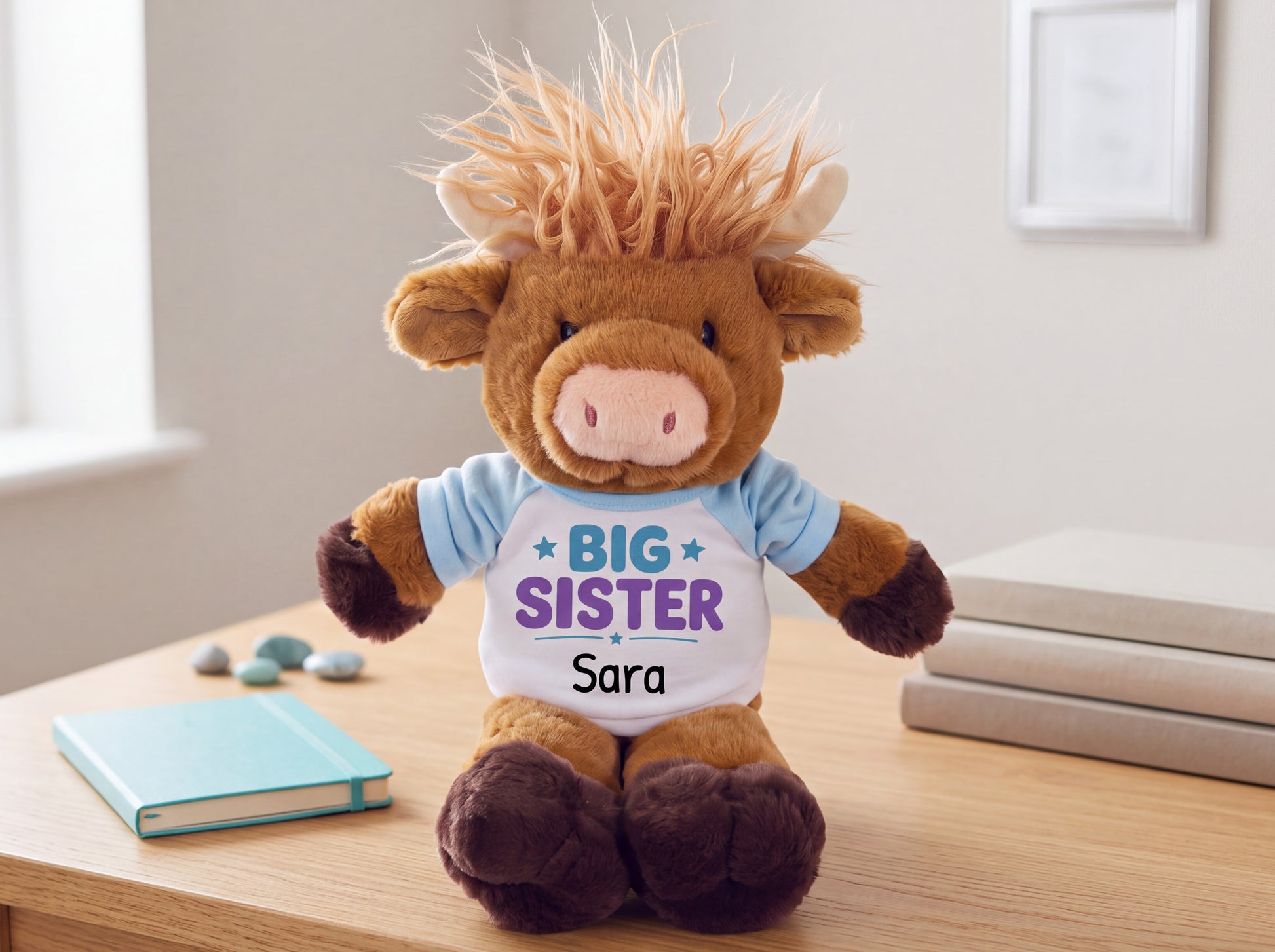 Personalized Big Sister Scottish Highland Cow - 12 inch Plush - Your choice of fun colors and any name