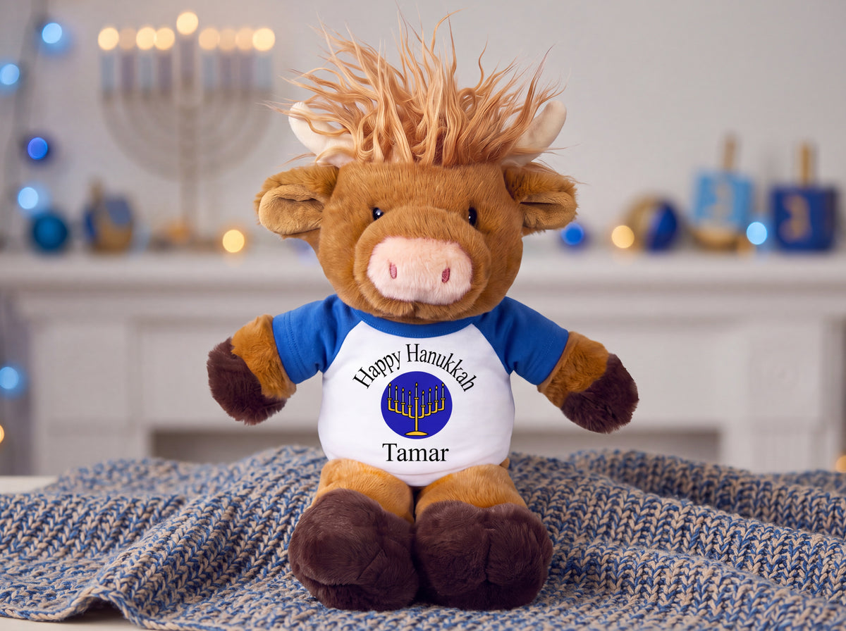 Personalized Hanukkah Stuffed Cow - 12 Inch Plush Scottish Highland Cow - Unique Hanukkah Gift