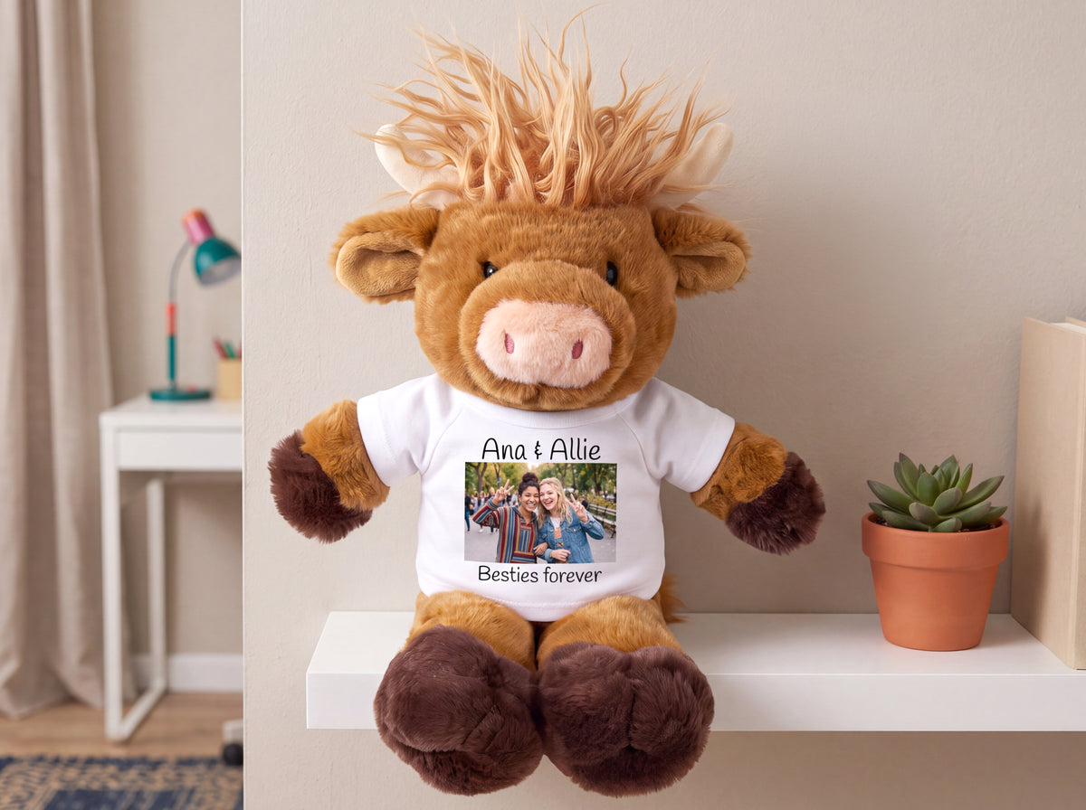 Personalized Stuffed Scottish Highland Cow / Mucklecoo - 12" Plush with your custom printed photo and/or text