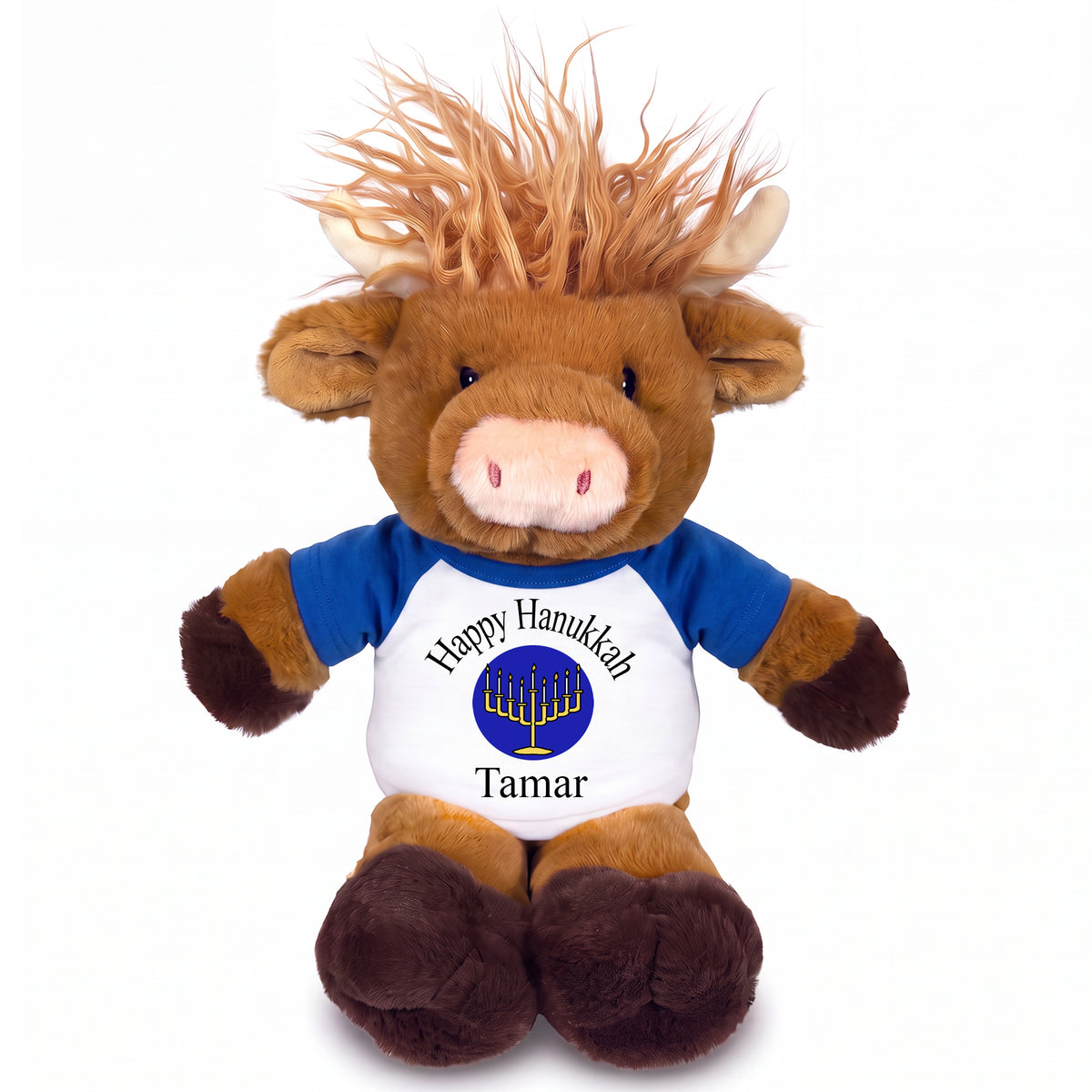 Personalized Hanukkah Stuffed Cow - 12 Inch Plush Scottish Highland Cow - Royal Blue