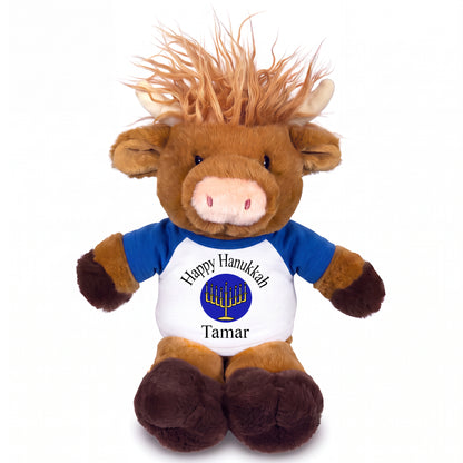 Personalized Hanukkah Stuffed Cow - 12 Inch Plush Scottish Highland Cow - Royal Blue
