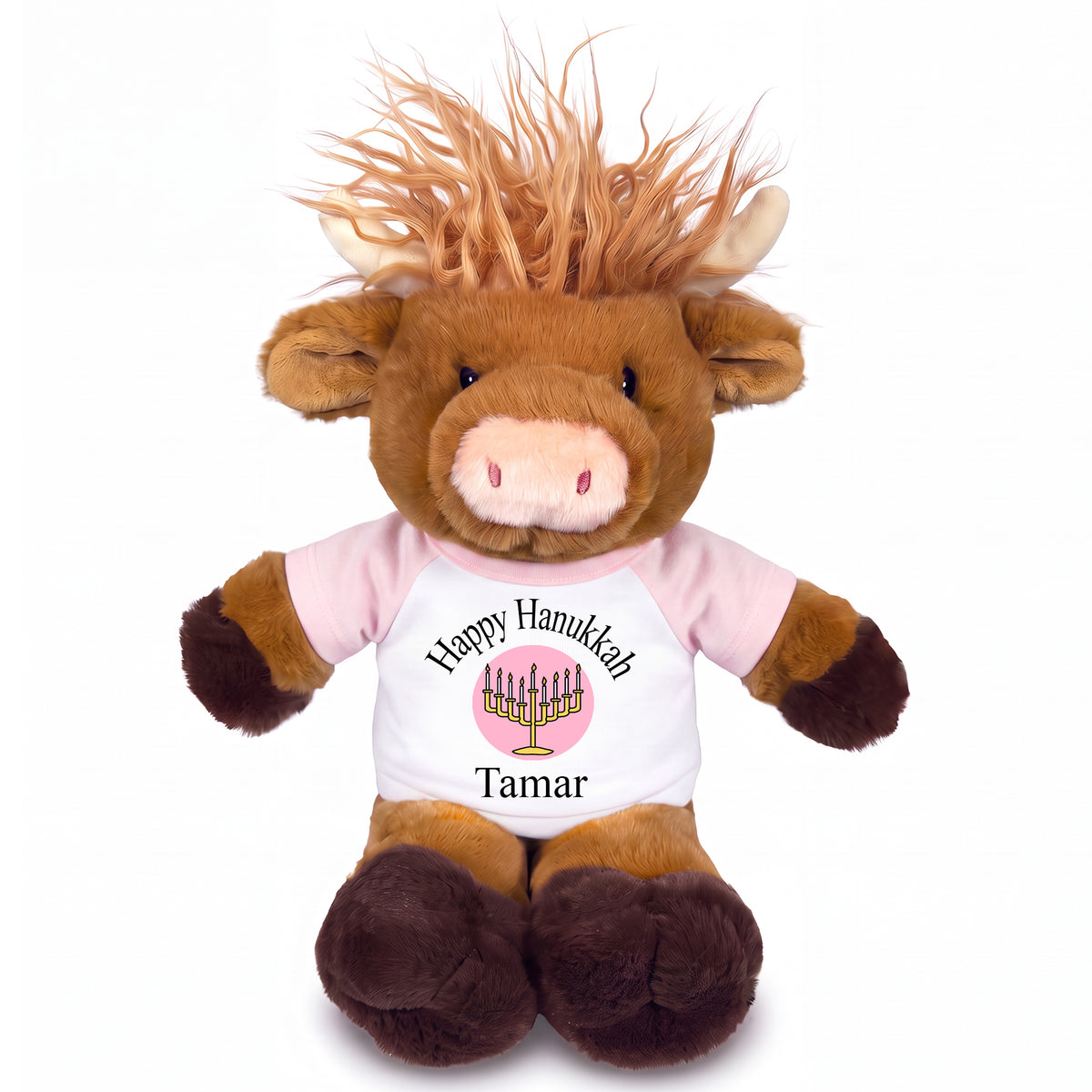Personalized Hanukkah Stuffed Cow - 12 Inch Plush Scottish Highland Cow - Pink