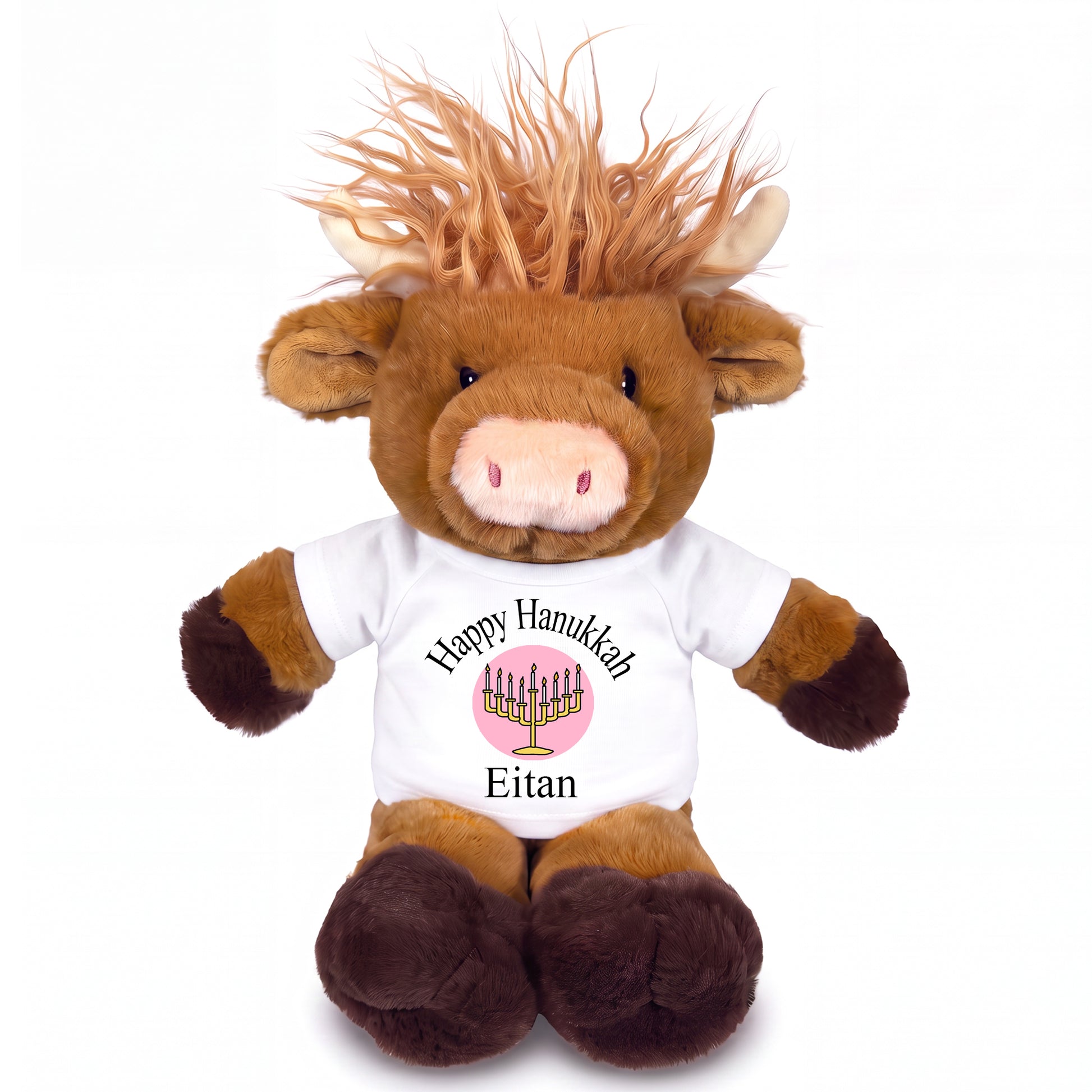 Personalized Hanukkah Stuffed Cow - 12 Inch Plush Scottish Highland Cow - White with Pink