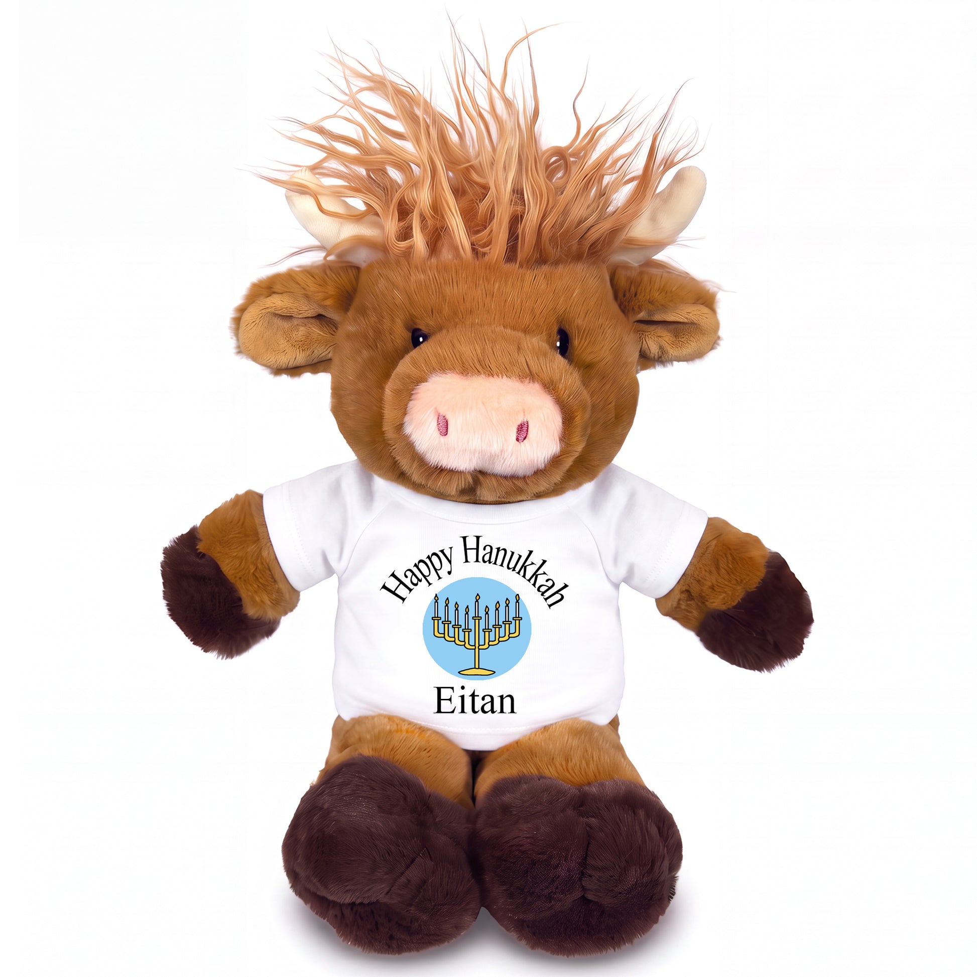Personalized Hanukkah Stuffed Cow - 12 Inch Plush Scottish Highland Cow - White with Light Blue