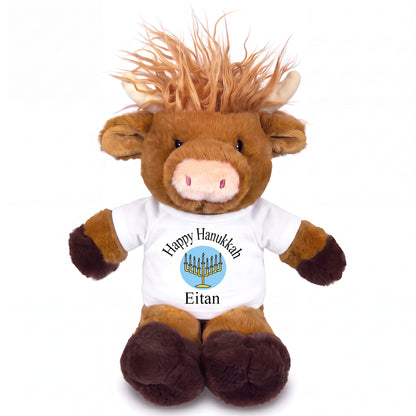 Personalized Hanukkah Stuffed Cow - 12 Inch Plush Scottish Highland Cow - White with Light Blue