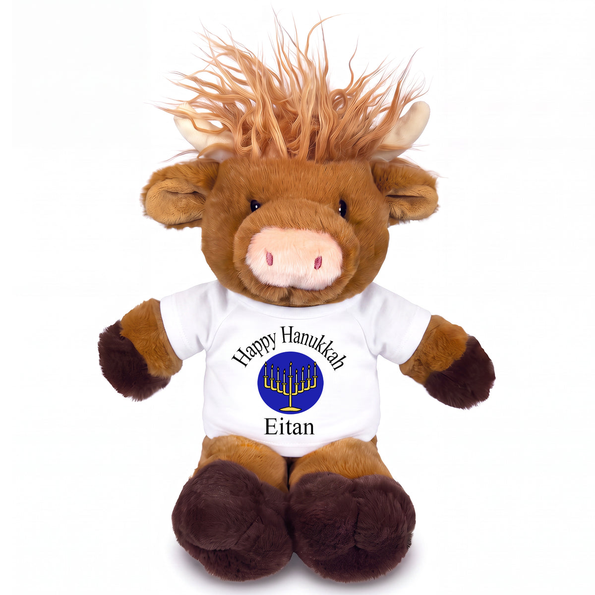 Personalized Hanukkah Stuffed Cow - 12 Inch Plush Scottish Highland Cow - White with Royal Blue