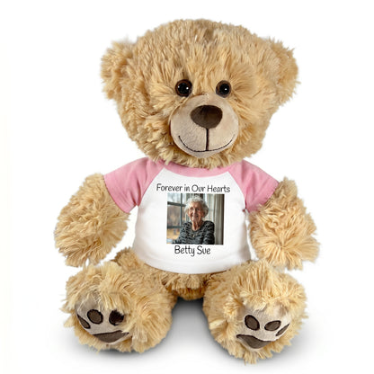Personalized Photo Memorial Teddy Bear -  14" Honey Bear - Pink Sleeved Shirt