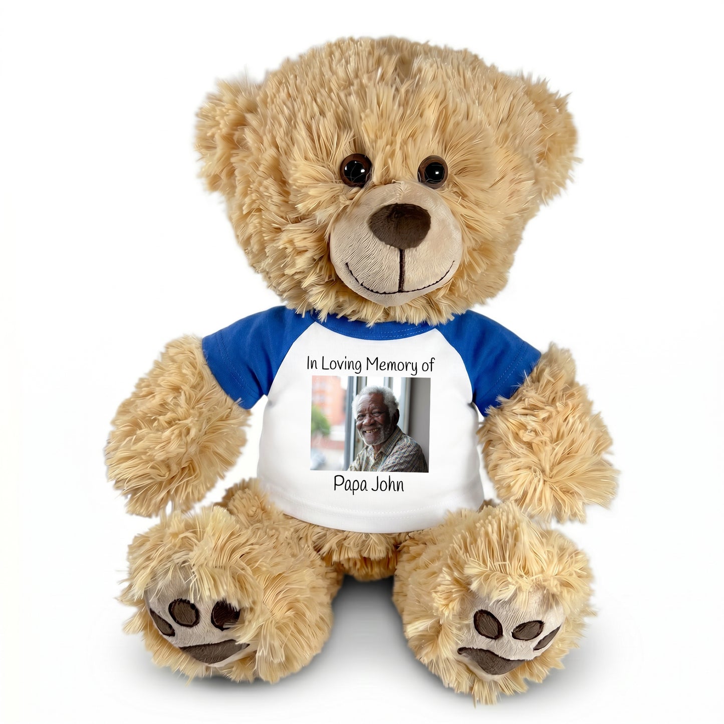 Personalized Photo Memorial Teddy Bear -  14" Honey Bear - Royal Blue Sleeved Shirt