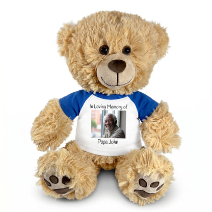 Personalized Photo Memorial Teddy Bear -  14" Honey Bear - Royal Blue Sleeved Shirt