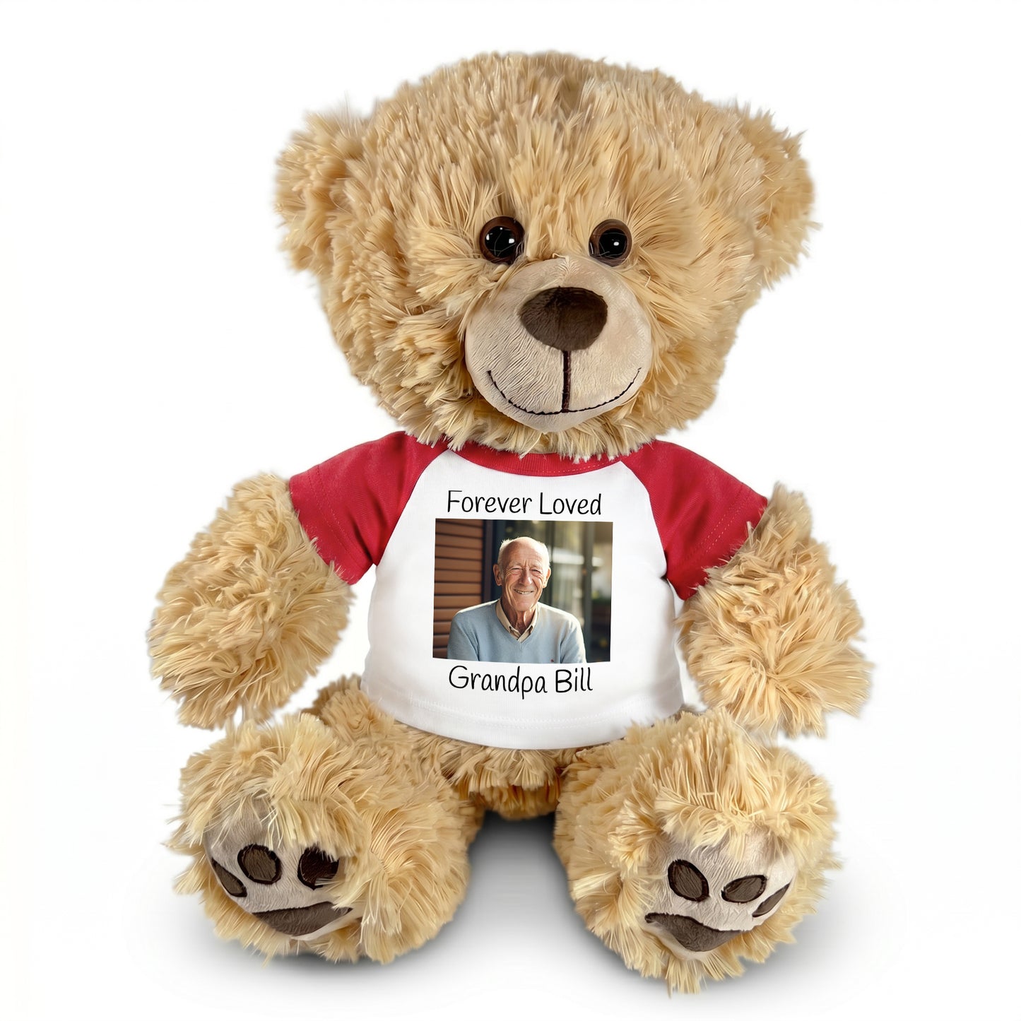 Personalized Photo Memorial Teddy Bear -  14" Honey Bear - Red Sleeved Shirt