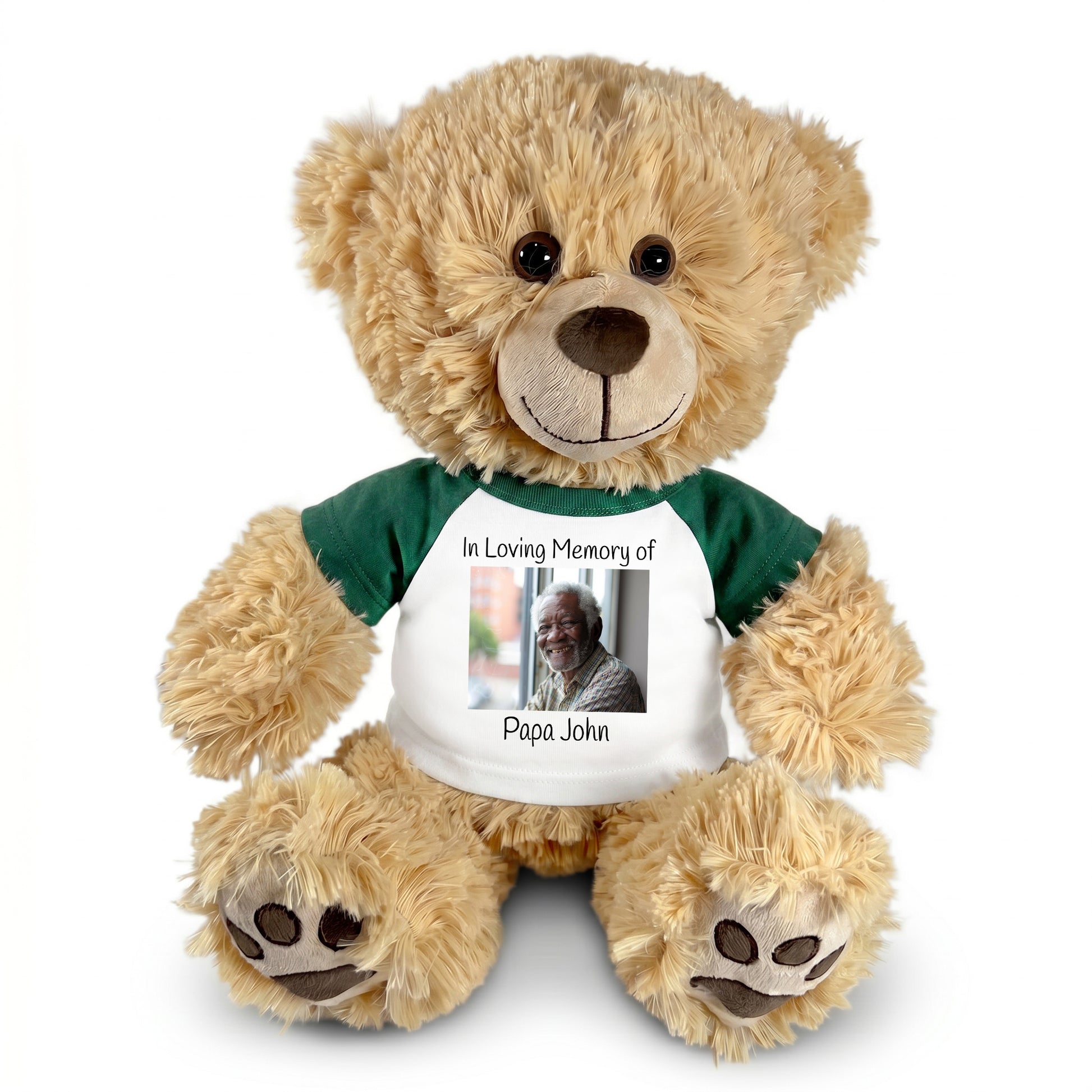 Personalized Photo Memorial Teddy Bear -  14" Honey Bear - Green Sleeved Shirt