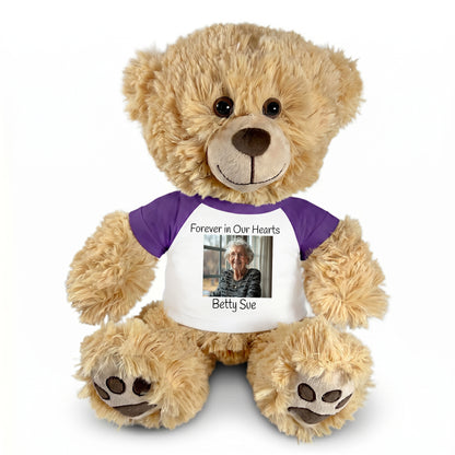 Personalized Photo Memorial Teddy Bear -  14" Honey Bear - Purple Sleeved Shirt
