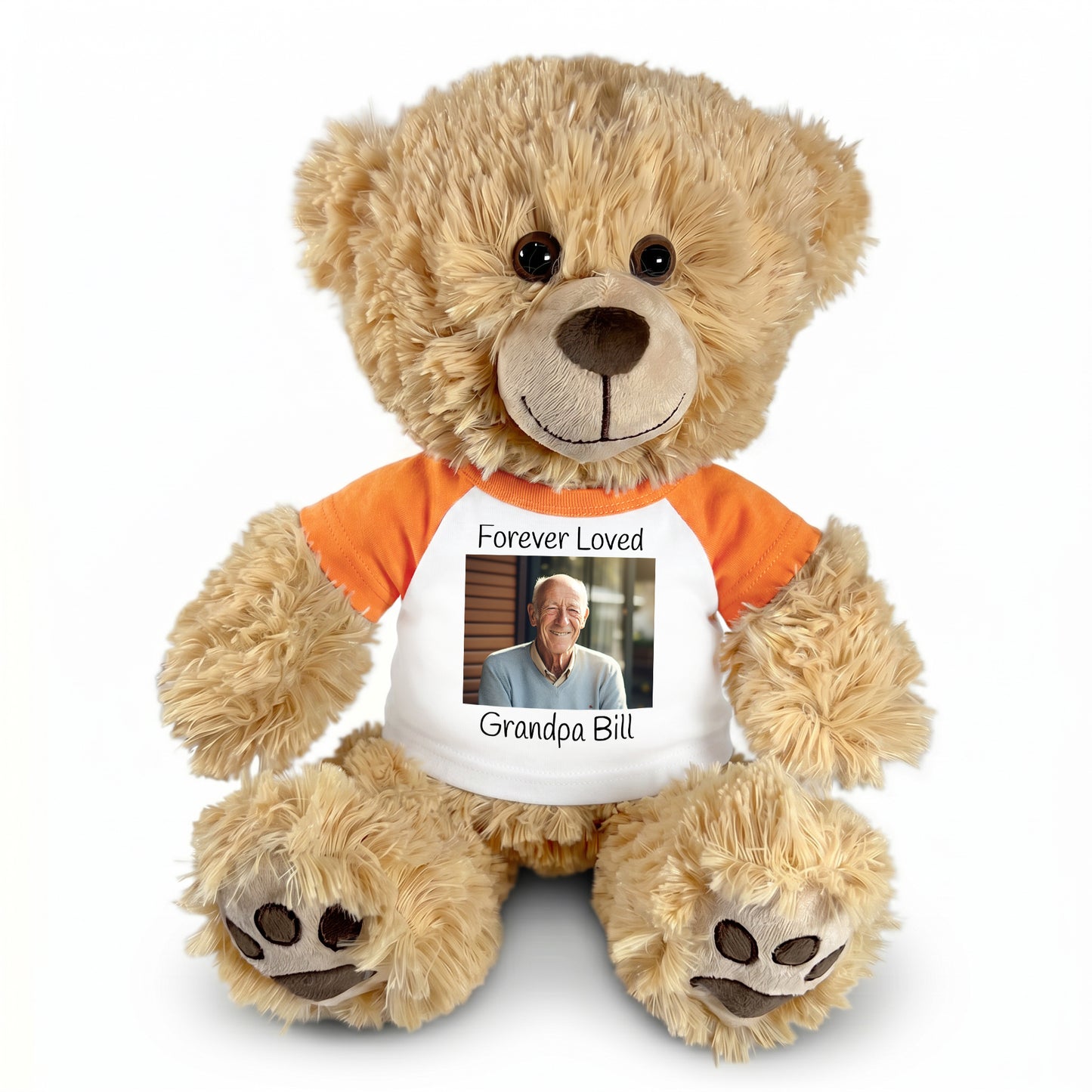 Personalized Photo Memorial Teddy Bear -  14" Honey Bear - Orange Sleeved Shirt