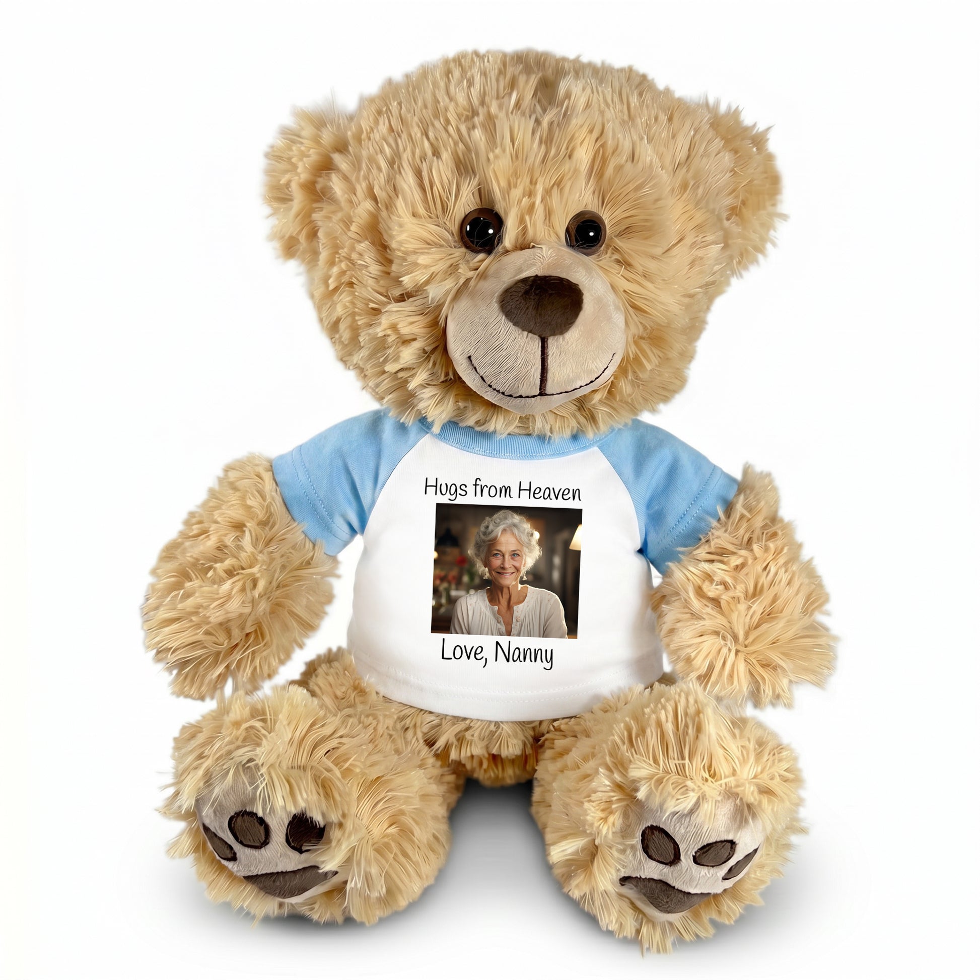 Personalized Photo Memorial Teddy Bear -  14" Honey Bear - Light Blue Sleeved Shirt