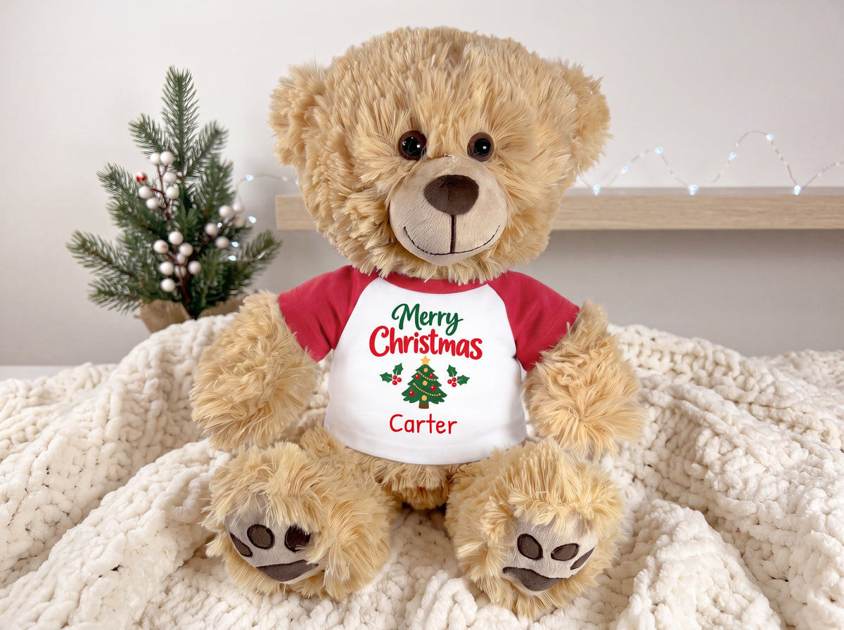 Personalized Christmas Teddy Bear - 15 Inch Honey Bear - red shirt with Merry Christmas tree design