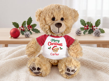 Personalized Christmas Teddy Bear - 15 Inch Honey Bear - red shirt with Merry Christmas bear design
