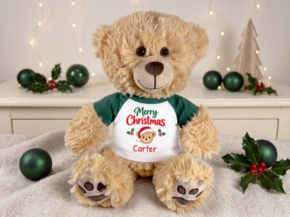 Personalized Christmas Teddy Bear - 15 Inch Honey Bear - green shirt with Merry Christmas bear design