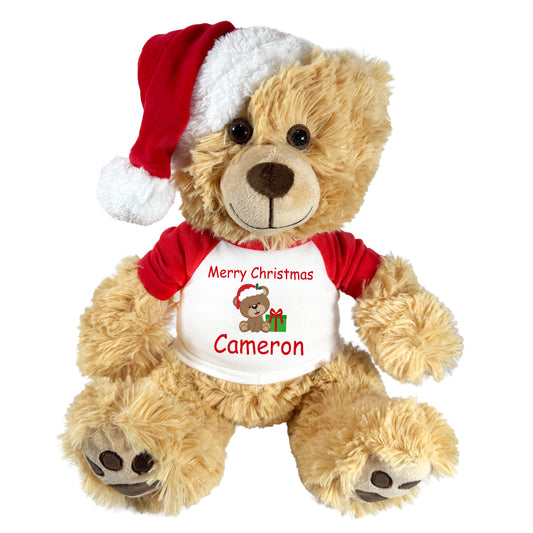 Personalized Christmas Teddy Bear - 14" Honey Bear with Santa Hat