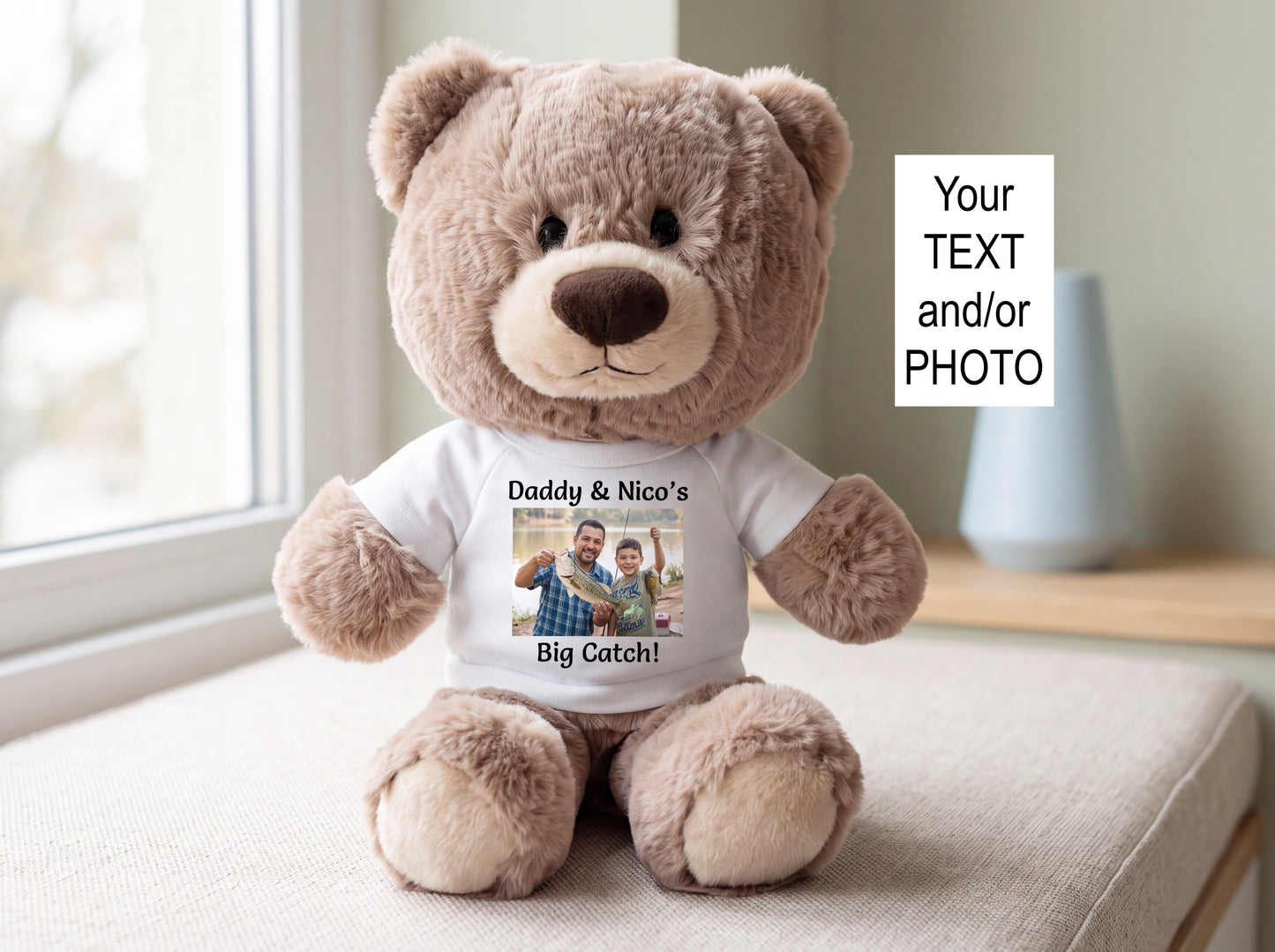 Personalized Teddy Bear - 11 inch Hug-a-Wug Bear, Taupe with your custom photo and/or text