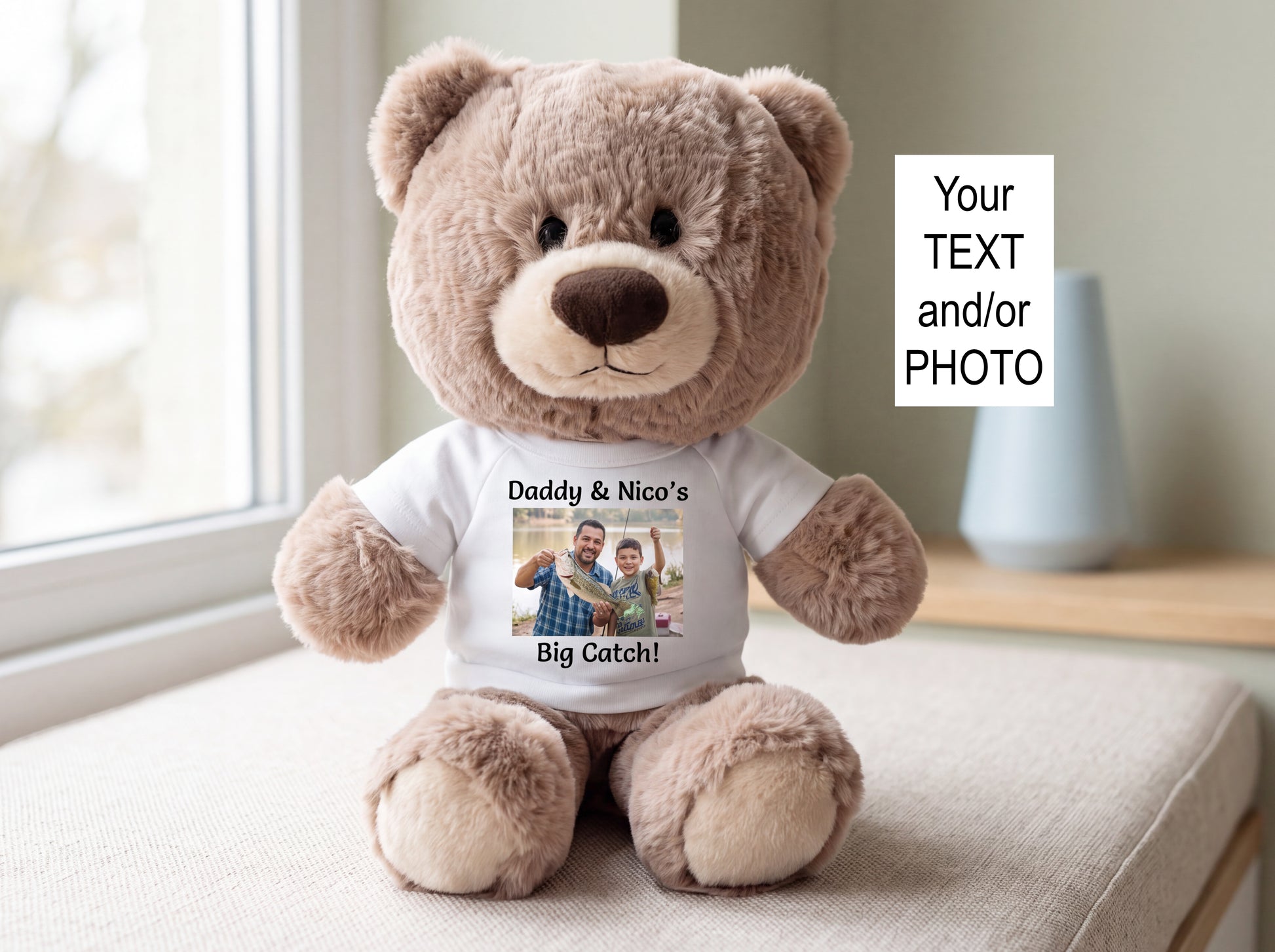 Personalized Teddy Bear - 11 inch Hug-a-Wug Bear, Taupe with your custom photo and/or text