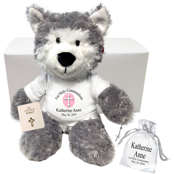 First Communion Husky Dog or Wolf Gift Set - Personalized 12" Plush