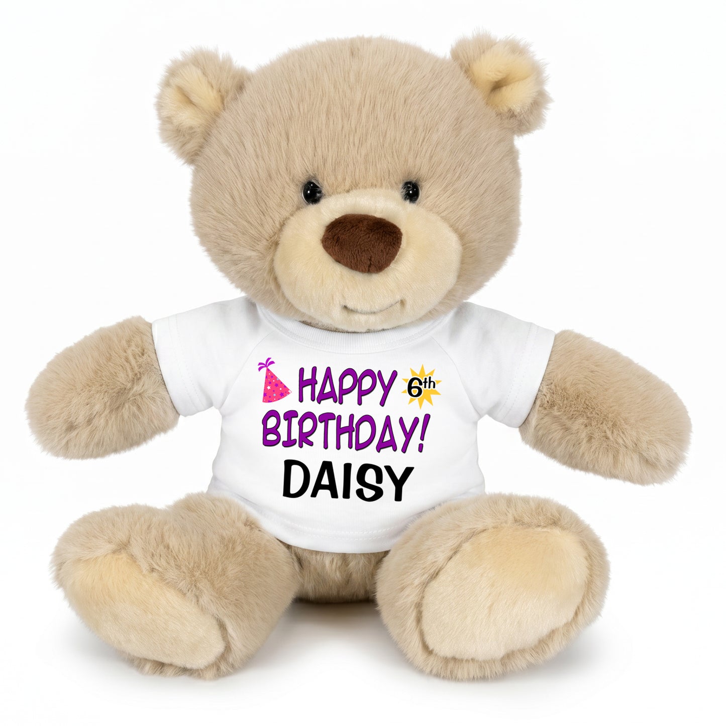Personalized Birthday Teddy Bear - 10 Inch Tan Nuzzles Bear, Purple/Pink Design