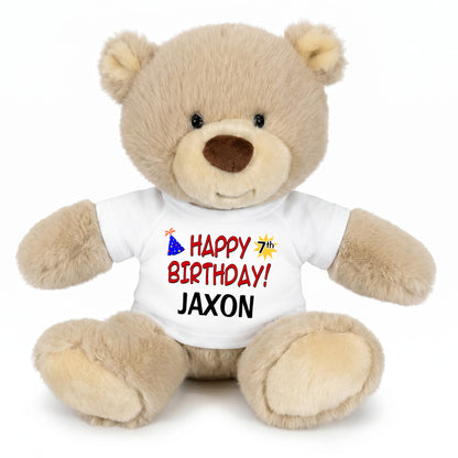 Personalized Birthday Teddy Bear - 10 Inch Tan Nuzzles Bear, Red/Blue Design