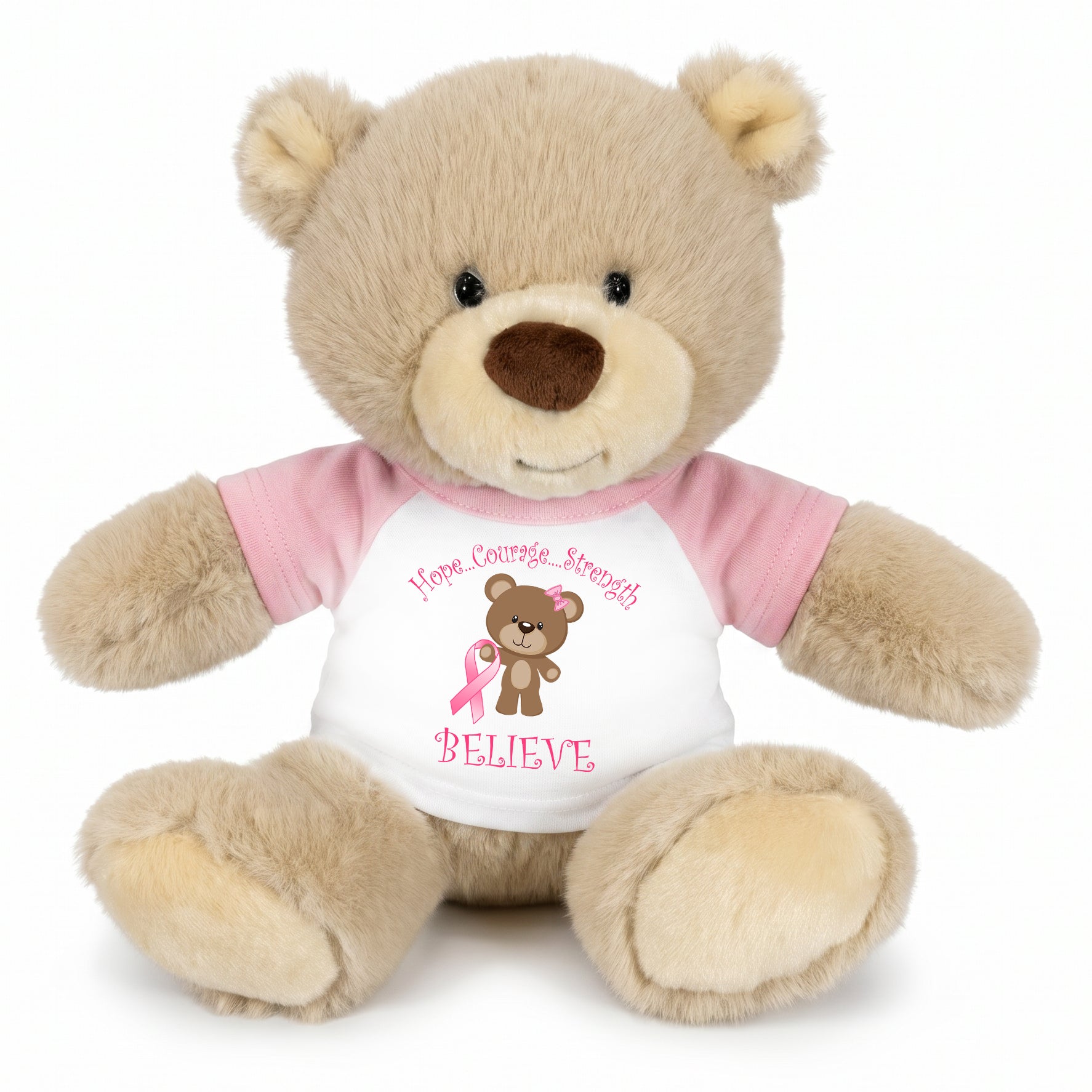 Personalized Breast Cancer Support Teddy Bear - 10 Inch Tan Nuzzles Bear - Believe Design