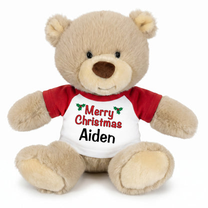 Personalized Christmas Teddy Bear - 10 Inch Tan Nuzzles Bear, Holly Design