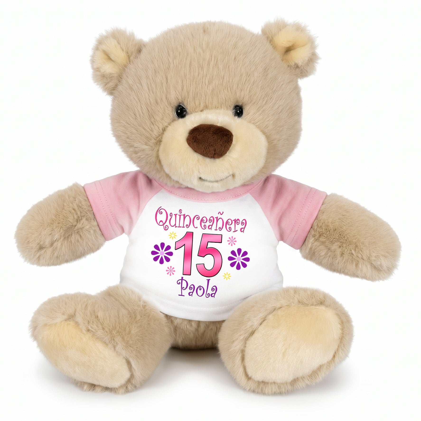 Personalized Quinceanera Teddy Bear - 10 Inch Tan Nuzzles Bear - Pink