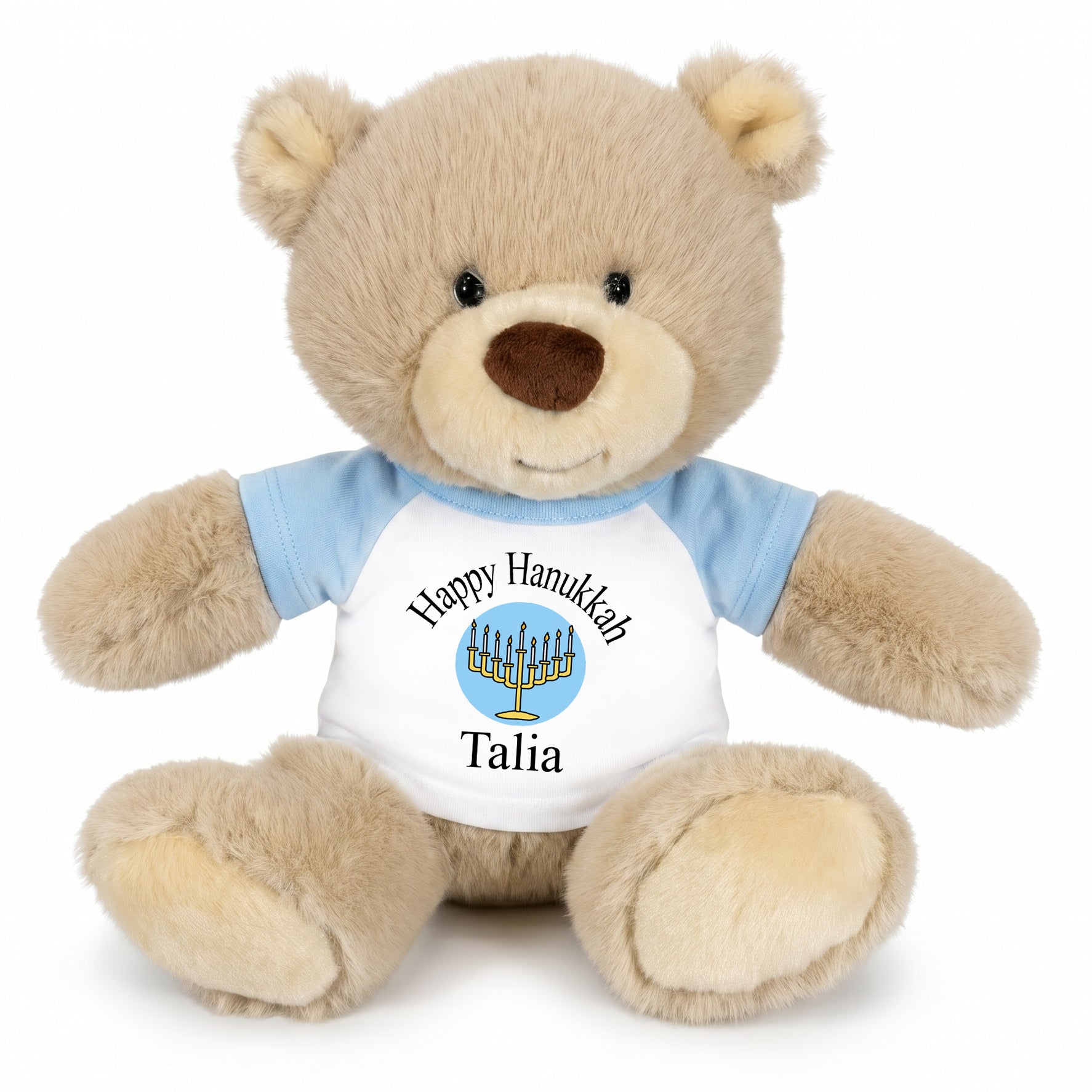 Personalized Hanukkah Teddy Bear - 10 Inch Tan Nuzzles Bear - Light Blue Shirt, Light Blue Design
