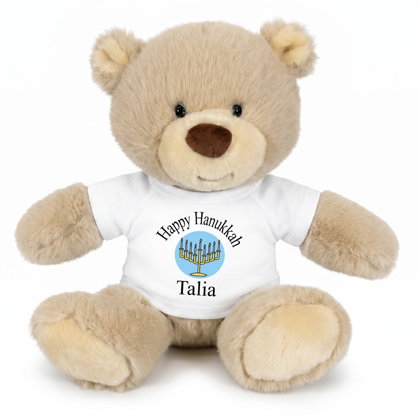 Personalized Hanukkah Teddy Bear - 10 Inch Tan Nuzzles Bear - White Shirt, Light Blue Design