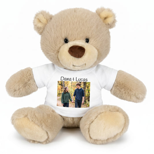 Personalized Teddy Bear - 10 inch Tan Nuzzles Bear with Custom Photo & Text - White Shirt