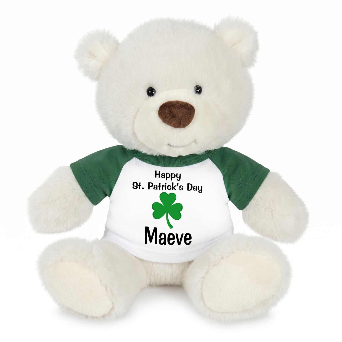 Personalized St Patricks Teddy Bear - 10 Inch White Nuzzles Bear - Green Shirt