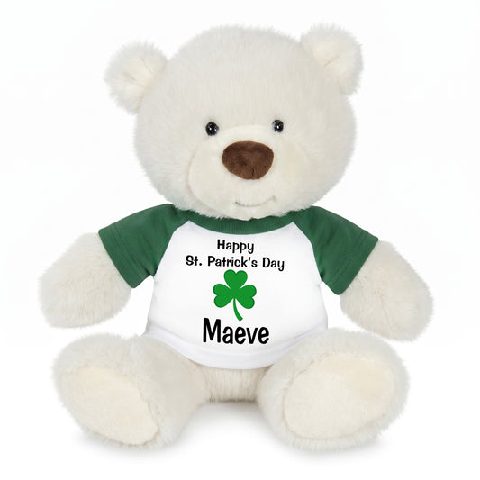 Personalized St Patricks Teddy Bear - 10 Inch White Nuzzles Bear - Green Shirt