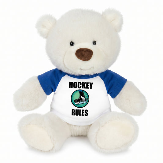 Personalized Ice Hockey Teddy Bear - 10 Inch White Nuzzles Bear - Royal Blue Shirt