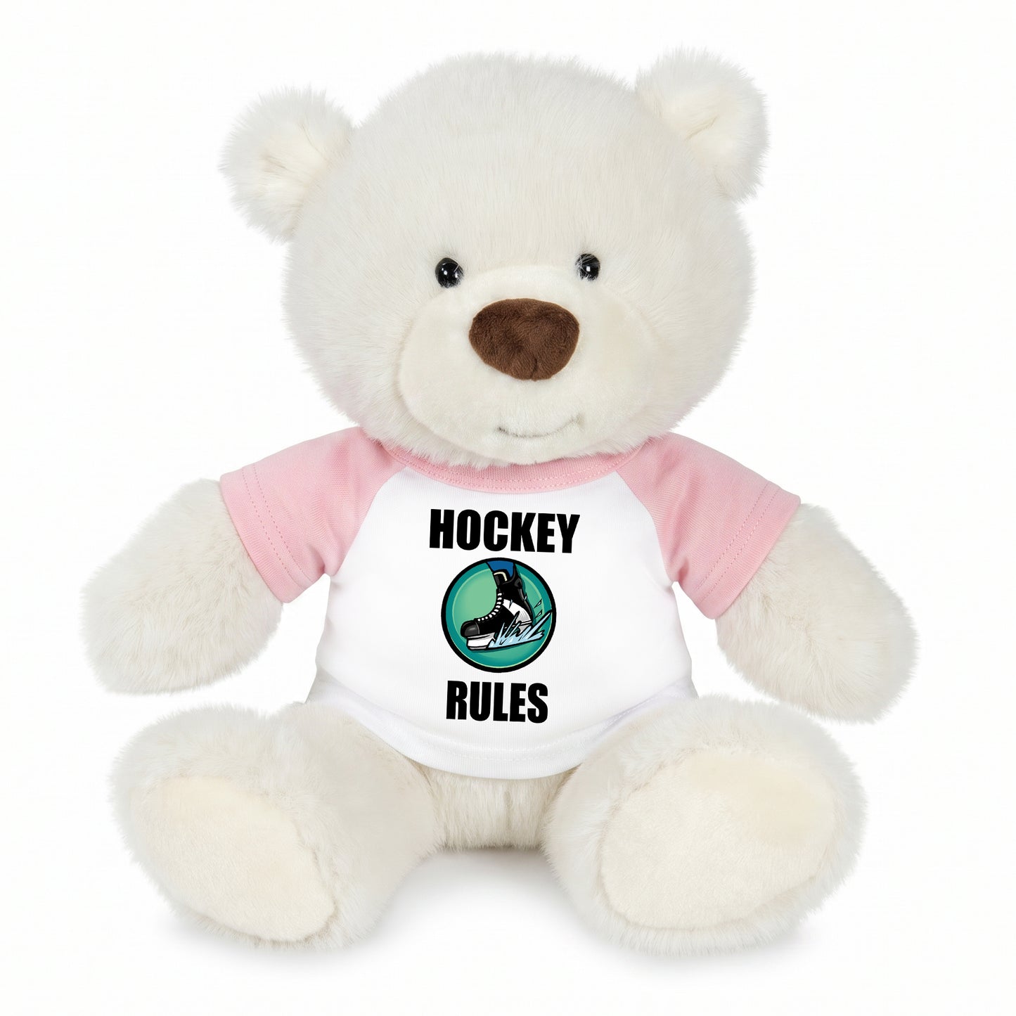 Personalized Ice Hockey Teddy Bear - 10 Inch White Nuzzles Bear - Pink Shirt
