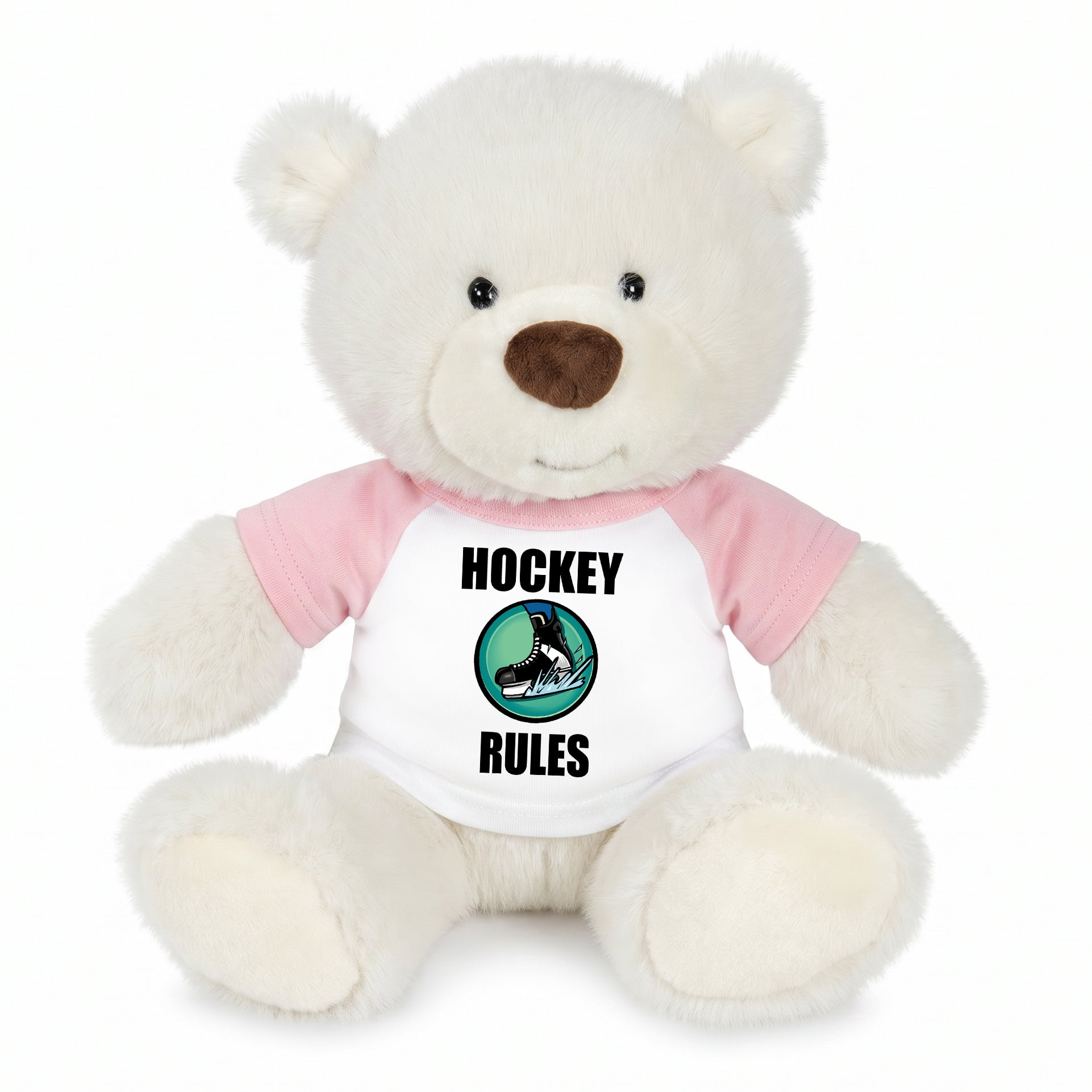 Personalized Ice Hockey Teddy Bear - 10 Inch White Nuzzles Bear - Pink Shirt