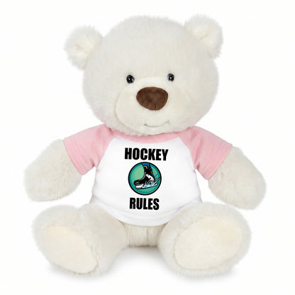 Personalized Ice Hockey Teddy Bear - 10 Inch White Nuzzles Bear - Pink Shirt