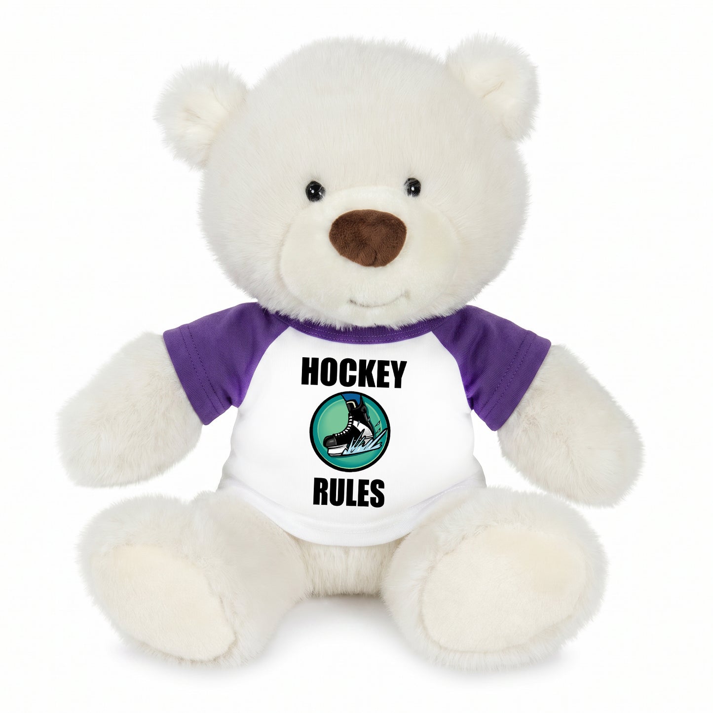 Personalized Ice Hockey Teddy Bear - 10 Inch White Nuzzles Bear - Purple Shirt