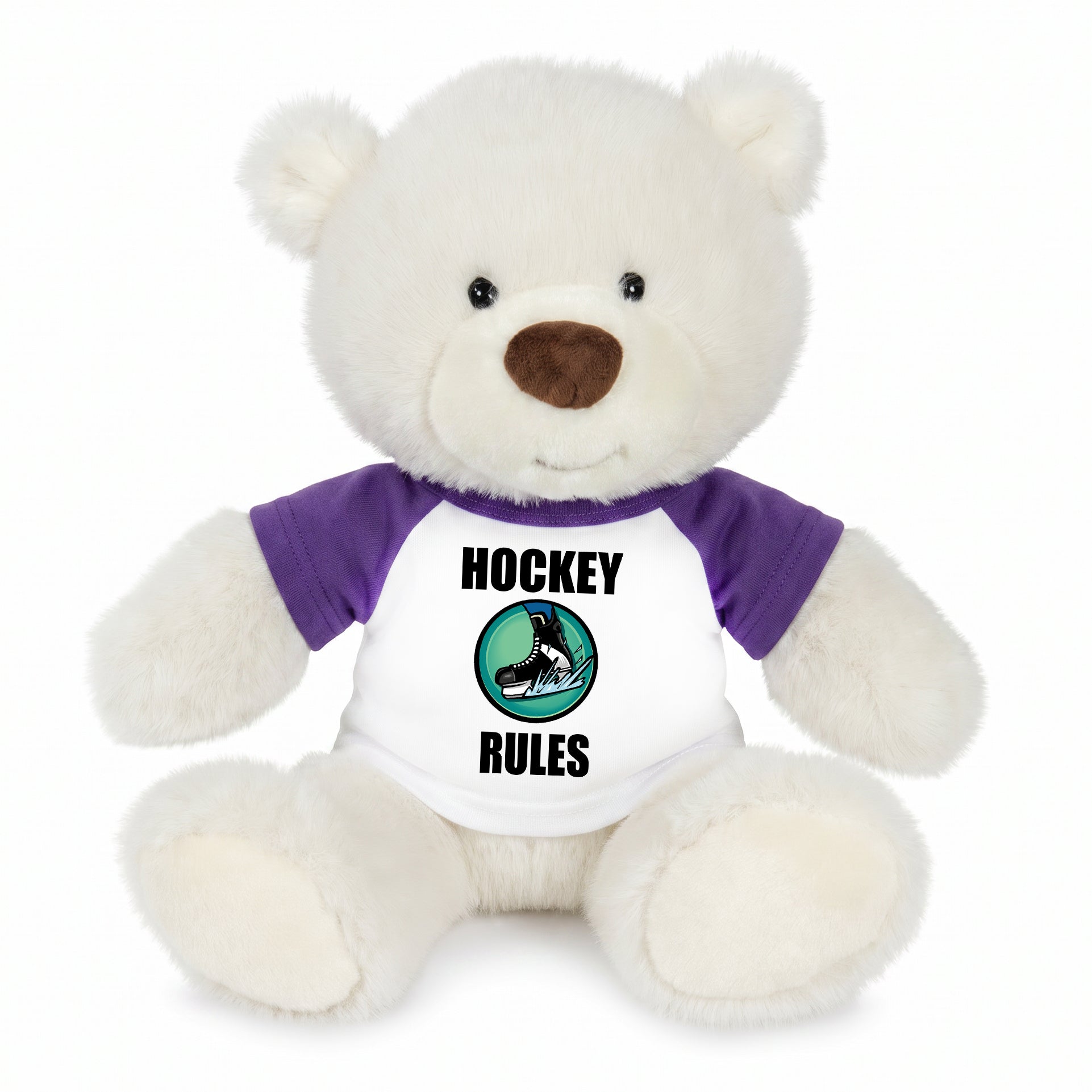 Personalized Ice Hockey Teddy Bear - 10 Inch White Nuzzles Bear - Purple Shirt
