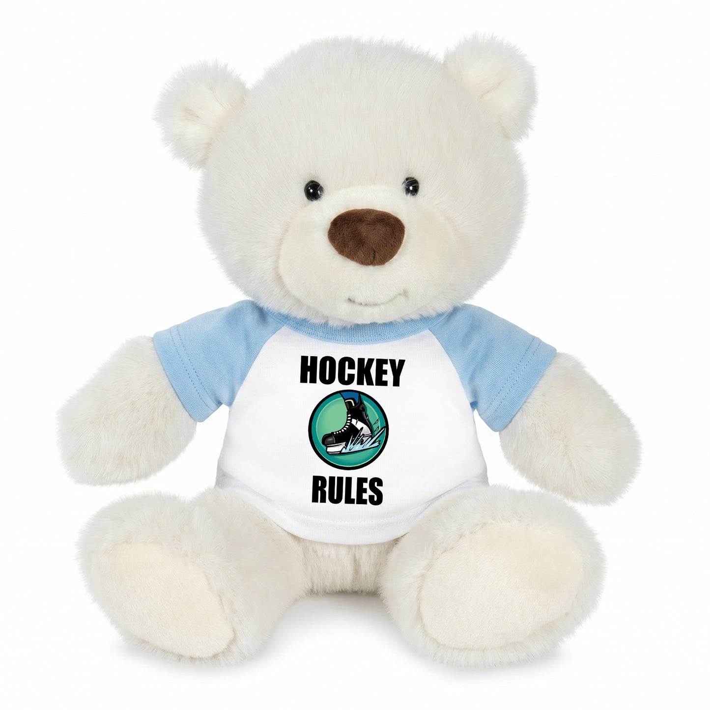 Personalized Ice Hockey Teddy Bear - 10 Inch White Nuzzles Bear - Light Blue Shirt